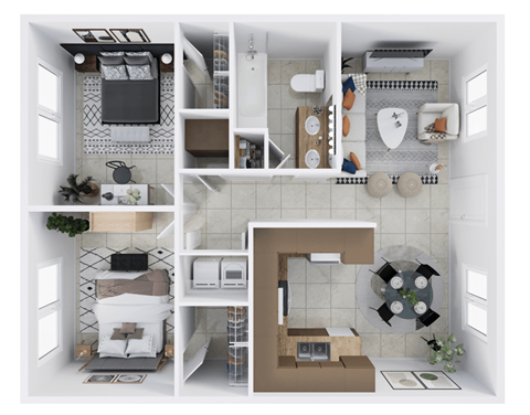 Floor plan for 2 beds, 1 bath, 833 sqft